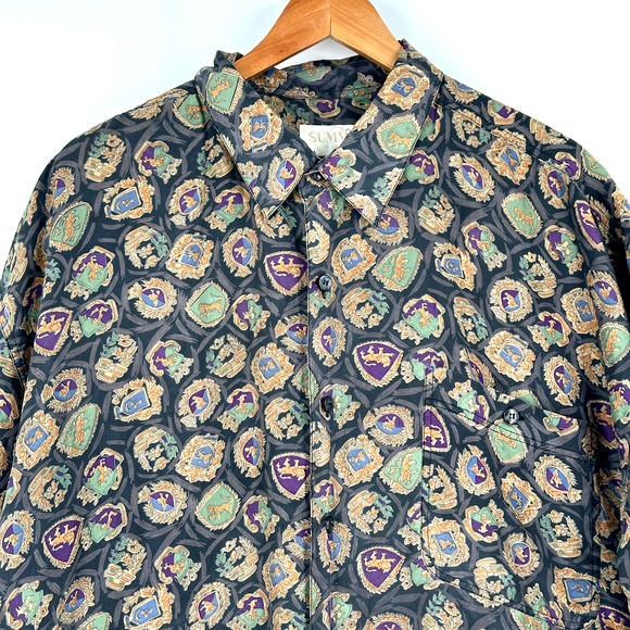 VTG 90s Summa Mens 100% Silk Button Up Shirt XL Regency Luxury Print Preppy - Picture 2 of 7
